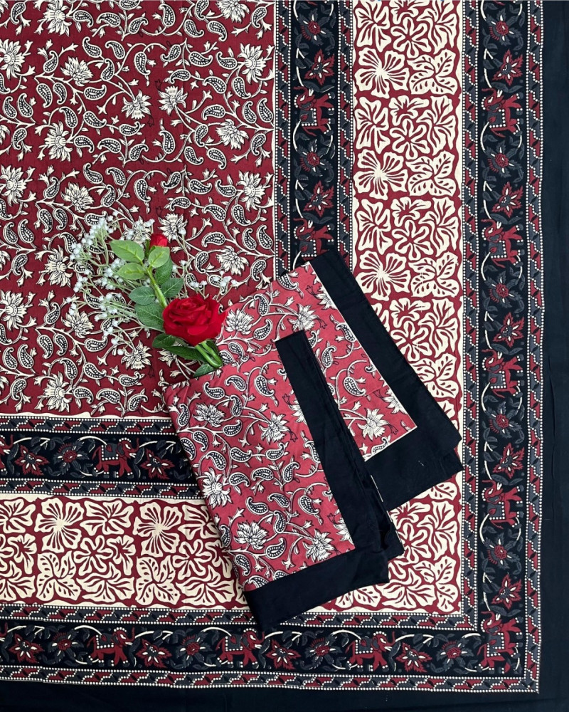 Image of Kalamkari Print Double Bedsheet – Pure Cotton | Brick Red, Black, Ivory Floral Vines