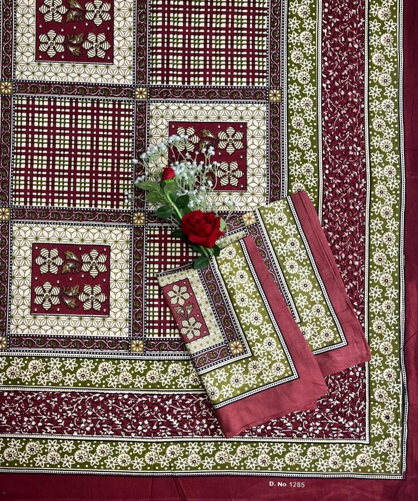 Image of Kalamkari Print Double Bedsheet – Pure Cotton | Maroon, Olive Green, Cream Floral Checks