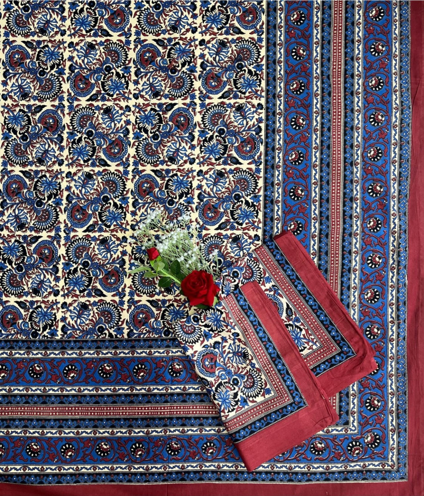 Image of Kalamkari Print Double Bedsheet – Pure Cotton | Cream Base, Royal Blue, Maroon Floral Motifs