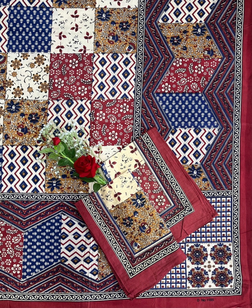 Image of Kalamkari Print Double Bedsheet – Pure Cotton | Maroon, Indigo Blue, Cream Ethnic Motifs