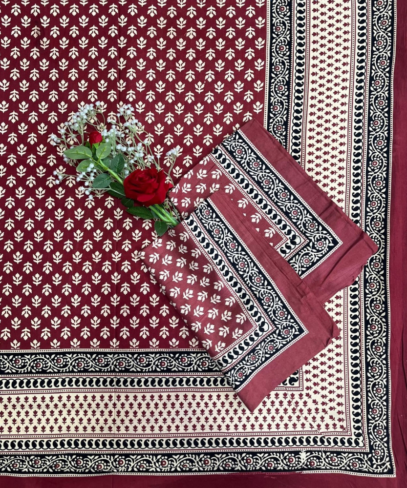 Image of Kalamkari Print Double Bedsheet – Pure Cotton | Maroon, Ivory, Black Leaf Motifs