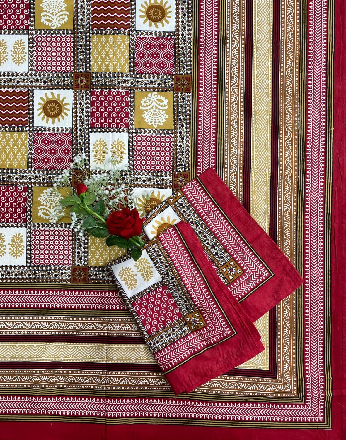 Kalamkari Print Double Bedsheet  Pure Cotton  Red Mustard Yellow Ivory Traditional Motifs