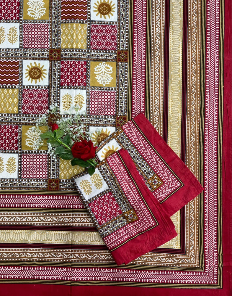 Image of Kalamkari Print Double Bedsheet – Pure Cotton | Red, Mustard Yellow, Ivory Traditional Motifs