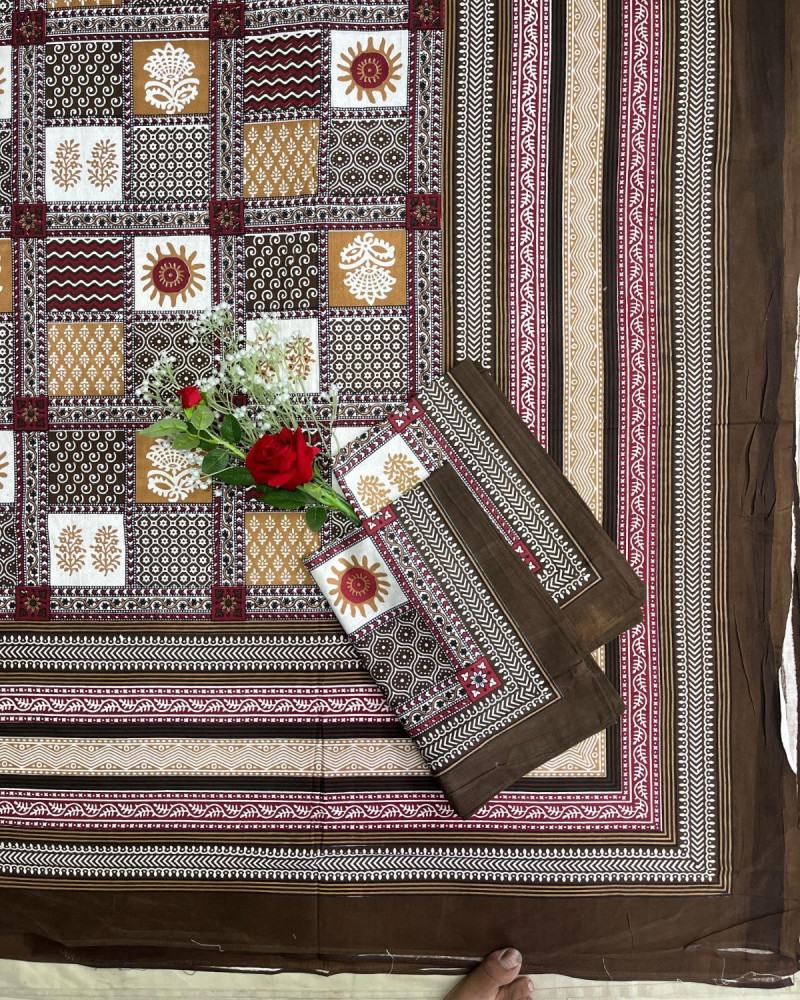 Image of Kalamkari Print Double Bedsheet – Pure Cotton | Olive Brown, Mustard Yellow, Ivory Ethnic Motifs