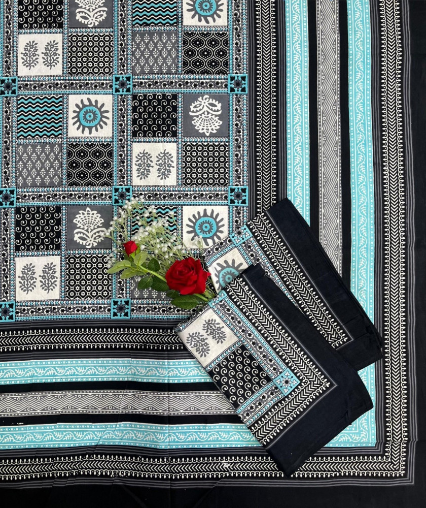 Image of Kalamkari Print Double Bedsheet – Pure Cotton | Black, Aqua Blue, Ivory Geometric Motifs