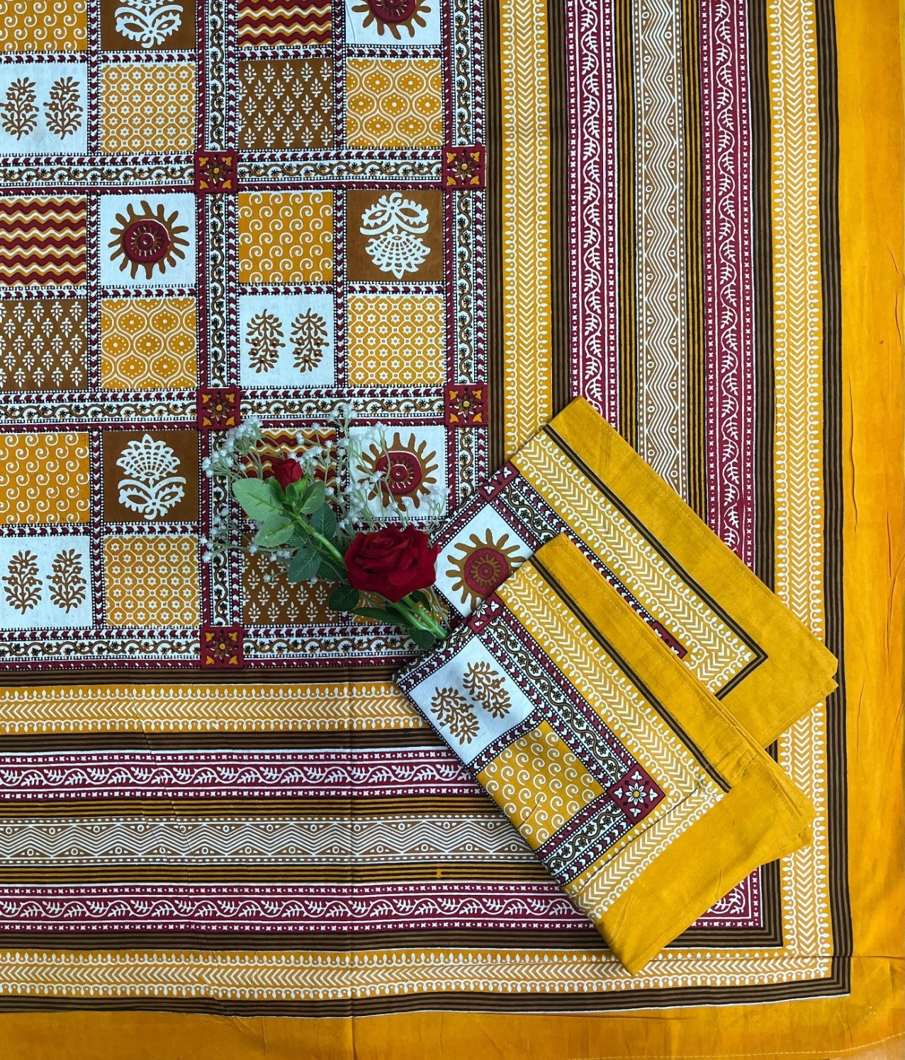 Kalamkari Print Double Bedsheet  Pure Cotton  Mustard Yellow Maroon Ivory Traditional Motifs