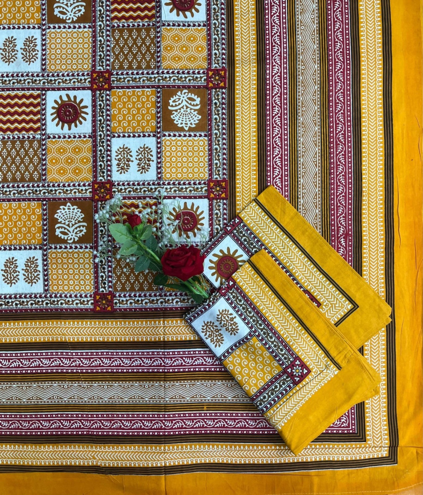 Image of Kalamkari Print Double Bedsheet – Pure Cotton | Mustard Yellow, Maroon, Ivory Traditional Motifs