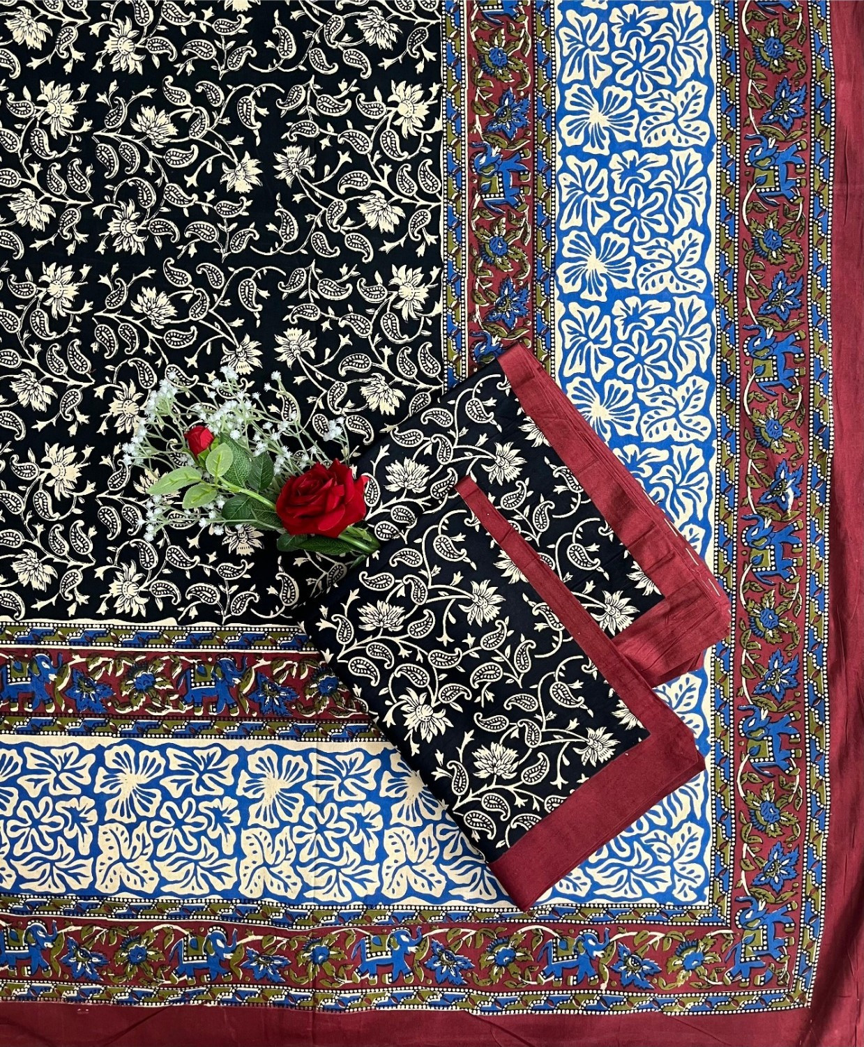 Kalamkari Print Double Bedsheet  Pure Cotton  Black Royal Blue Ivory Floral Motifs