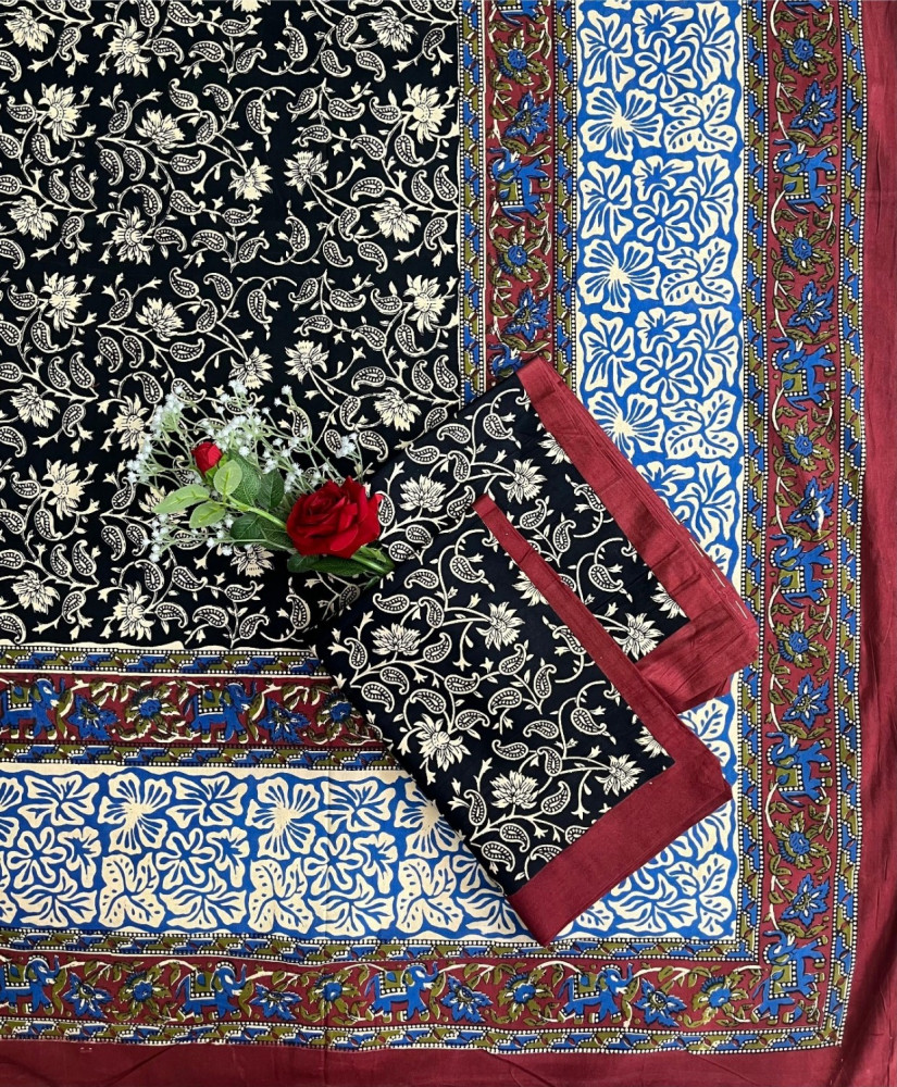 Image of Kalamkari Print Double Bedsheet – Pure Cotton | Black, Royal Blue, Ivory Floral Motifs