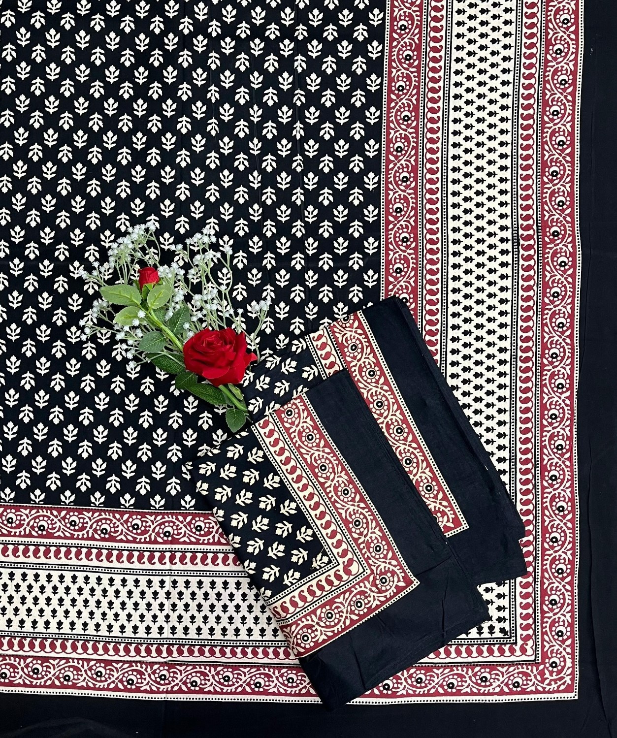 Kalamkari Print Double Bedsheet  Pure Cotton  Black Ivory Maroon Leaf Motifs