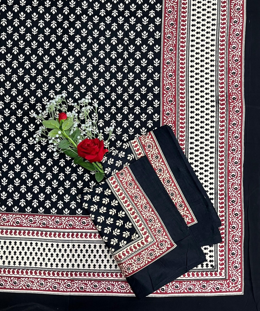 Image of Kalamkari Print Double Bedsheet – Pure Cotton | Black, Ivory, Maroon Leaf Motifs