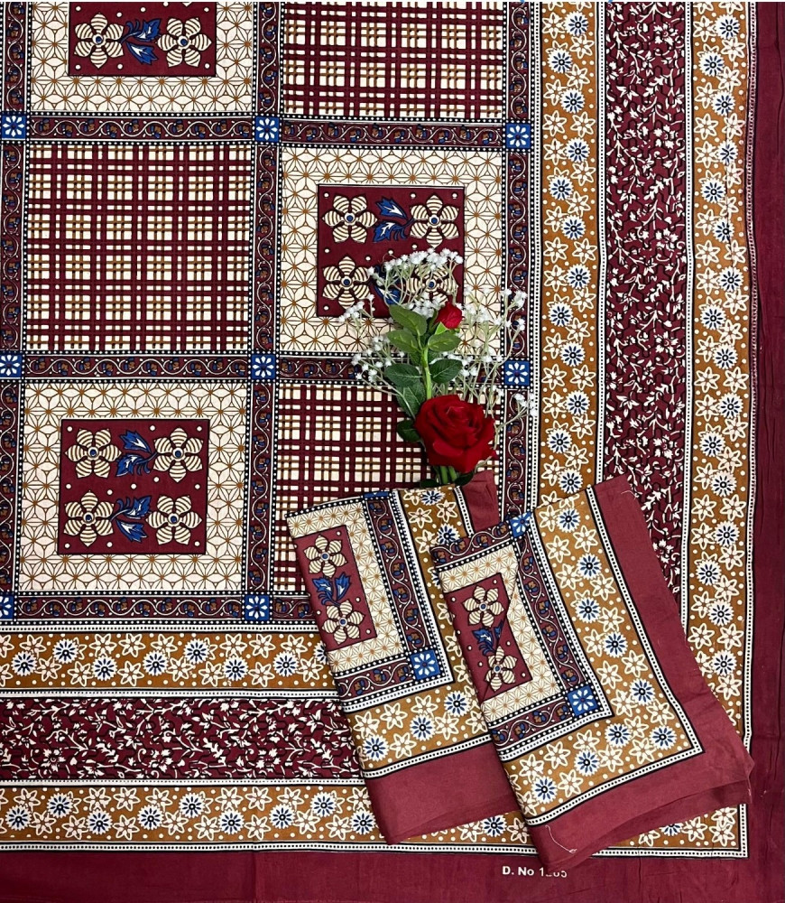 Image of Kalamkari Print Double Bedsheet – Pure Cotton | Maroon, Mustard &amp; Navy Blue Floral Checks