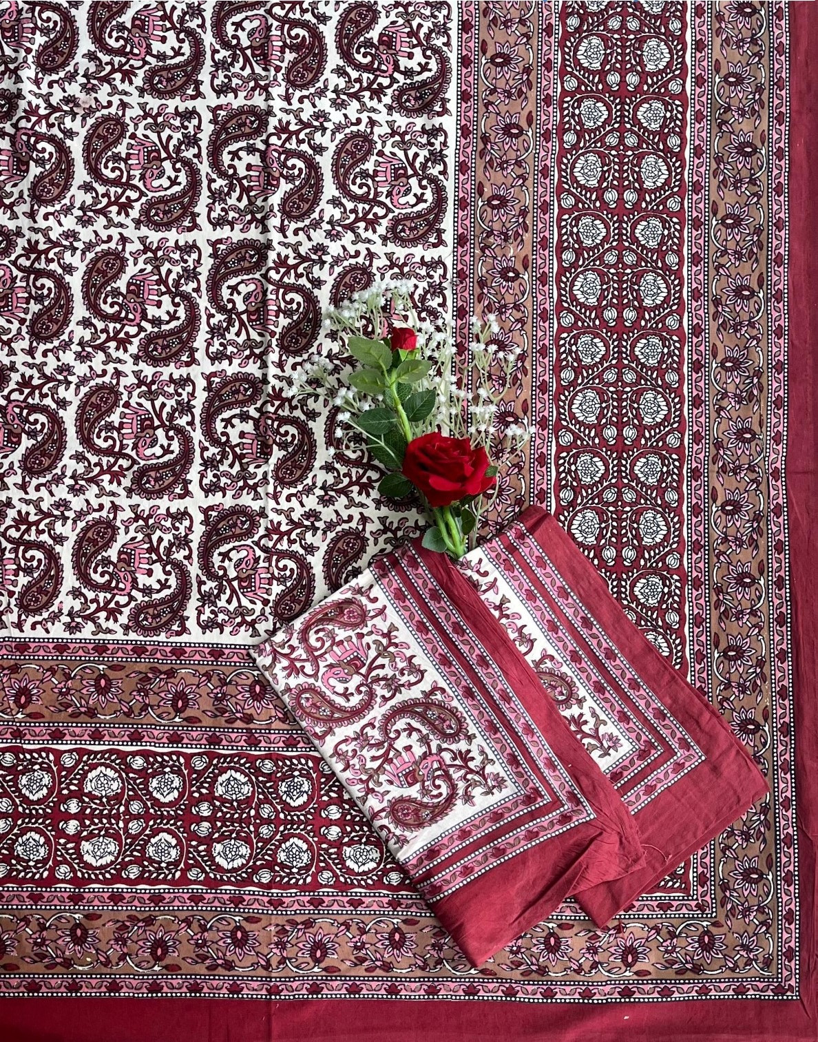 Kalamkari Print Double Bedsheet  Pure Cotton  Maroon Ivory Paisley Motifs