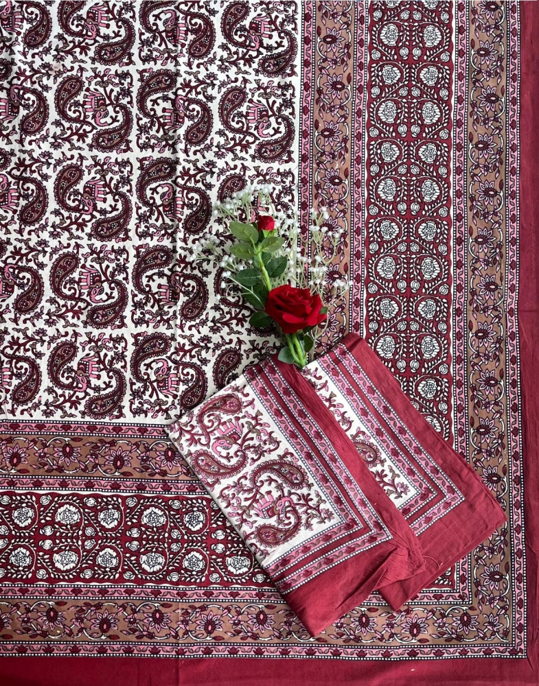 Image of Kalamkari Print Double Bedsheet – Pure Cotton | Maroon, Ivory Paisley Motifs
