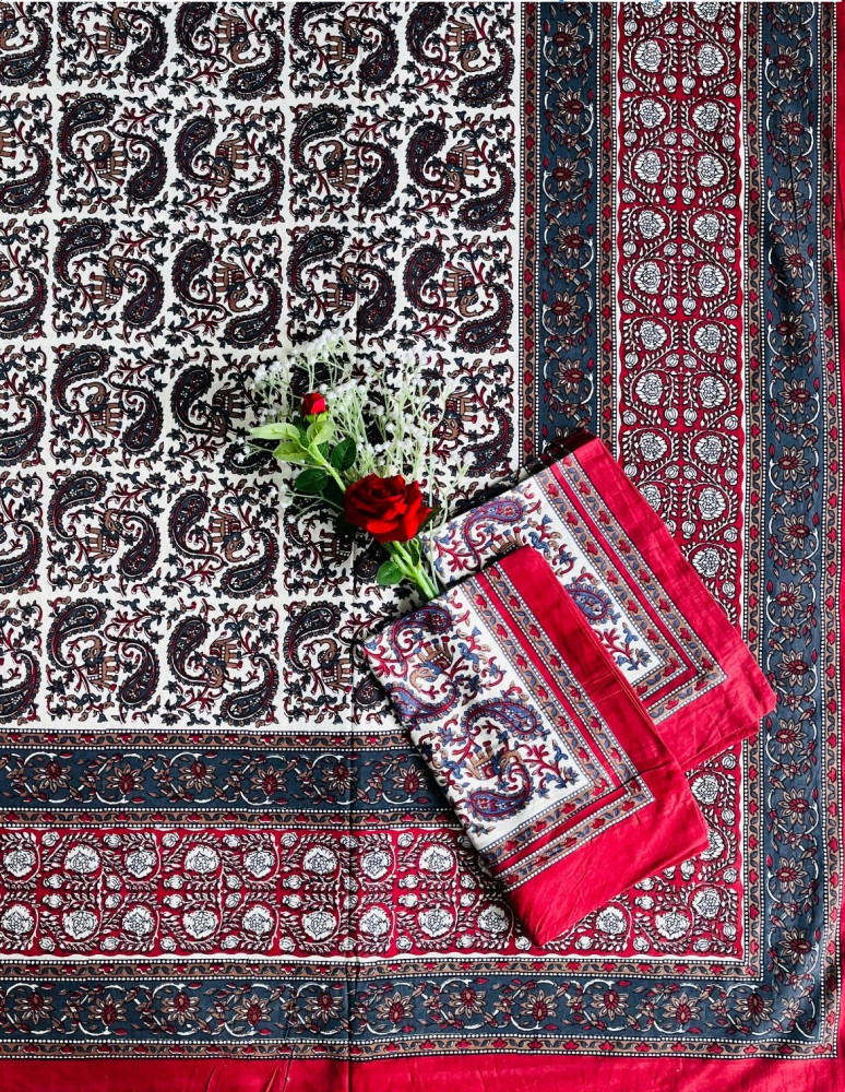 Image of Kalamkari Print Double Bedsheet – Pure Cotton | Ivory Base, Maroon, Indigo Paisley Motifs