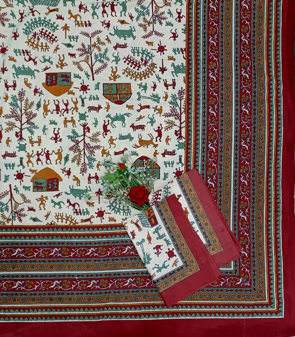 Kalamkari Print Double Bedsheet  Pure Cotton  Ivory Base Multicolor Tribal Village Motifs