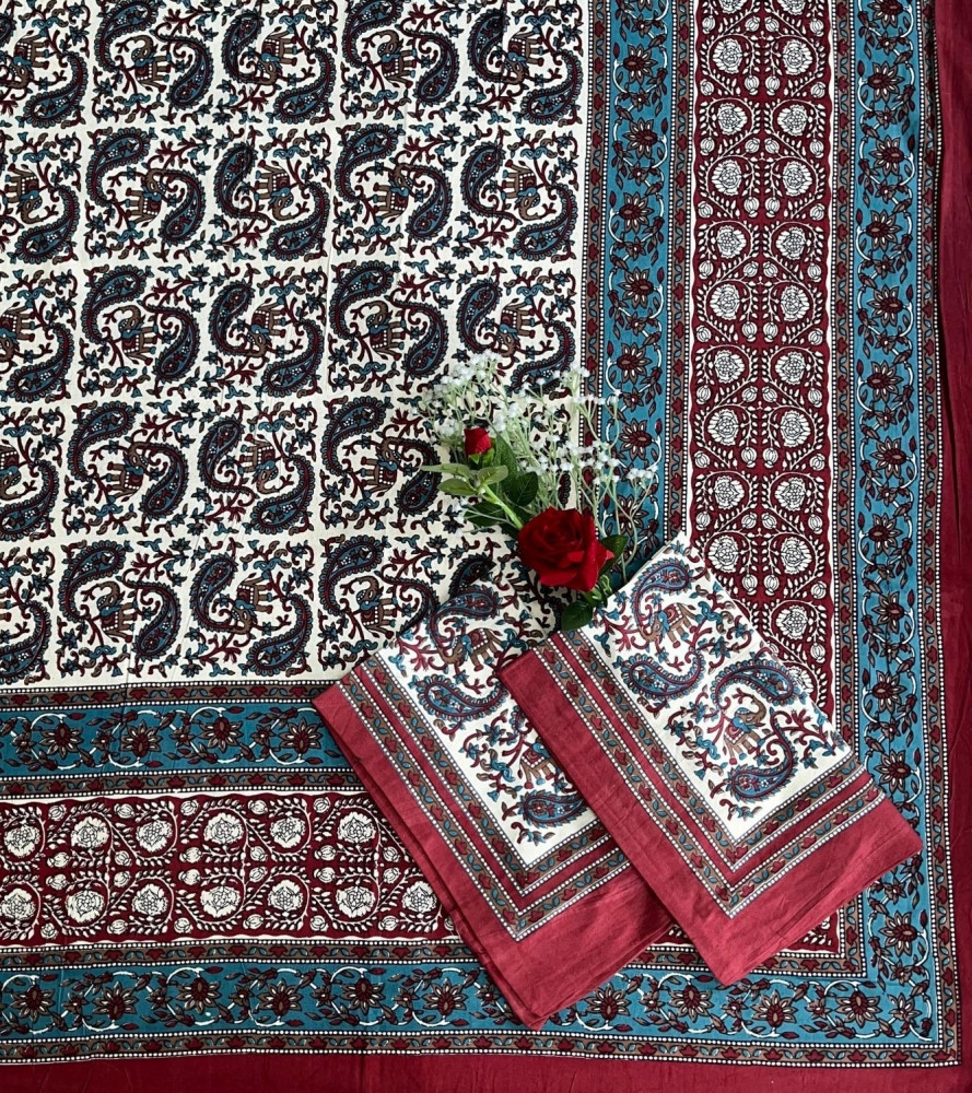 Image of Kalamkari Print Double Bedsheet – Pure Cotton | Ivory Base, Teal Blue, Maroon Paisley Motifs