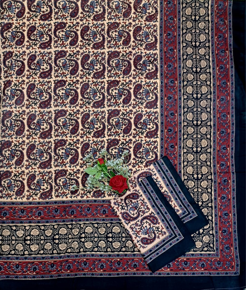 Image of Kalamkari Print Double Bedsheet – Pure Cotton | Beige Base, Indigo Blue, Maroon Paisley Motifs