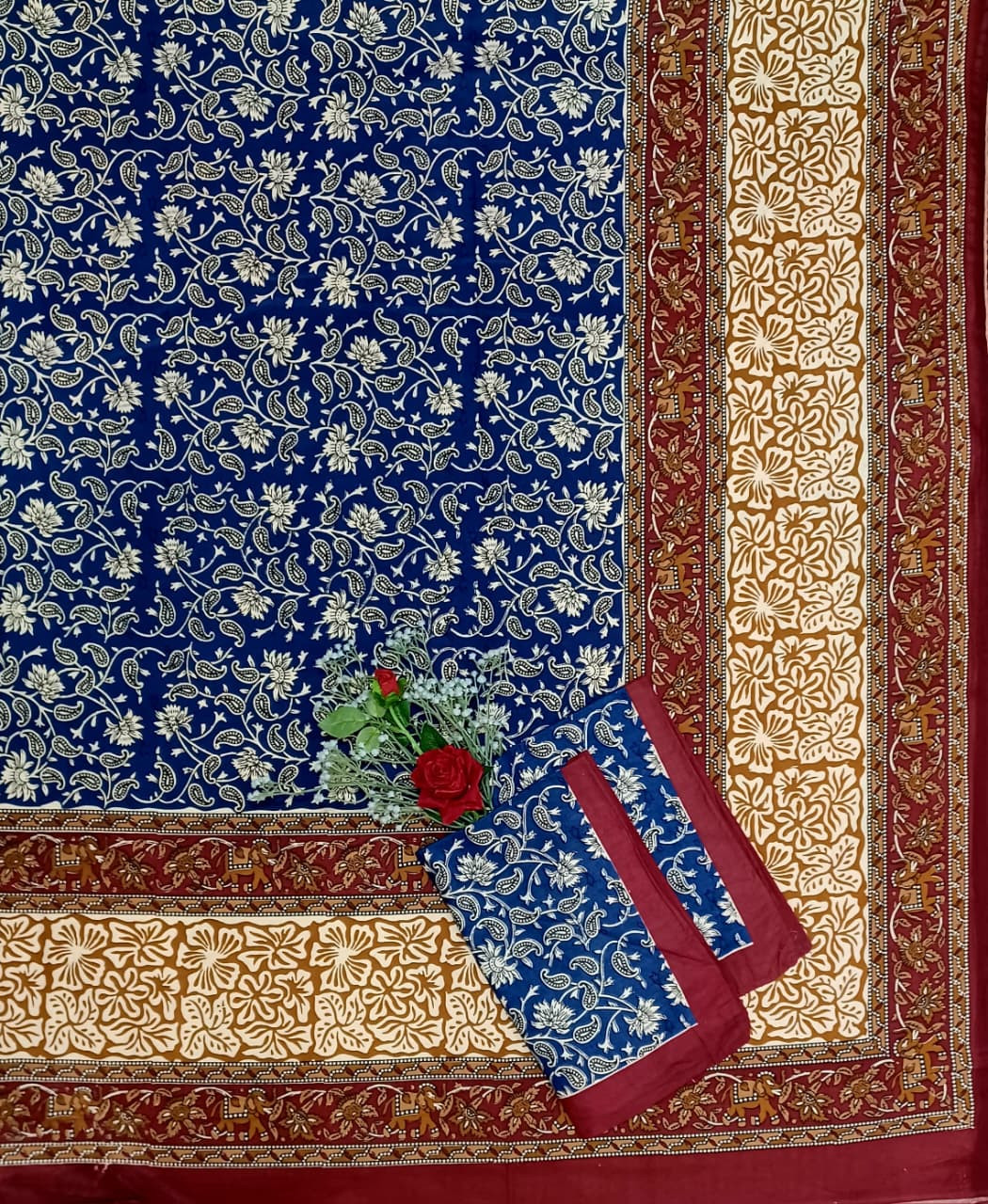 Kalamkari Print Double Bedsheet  Pure Cotton  Royal Blue Mustard Yellow Maroon Floral Vines