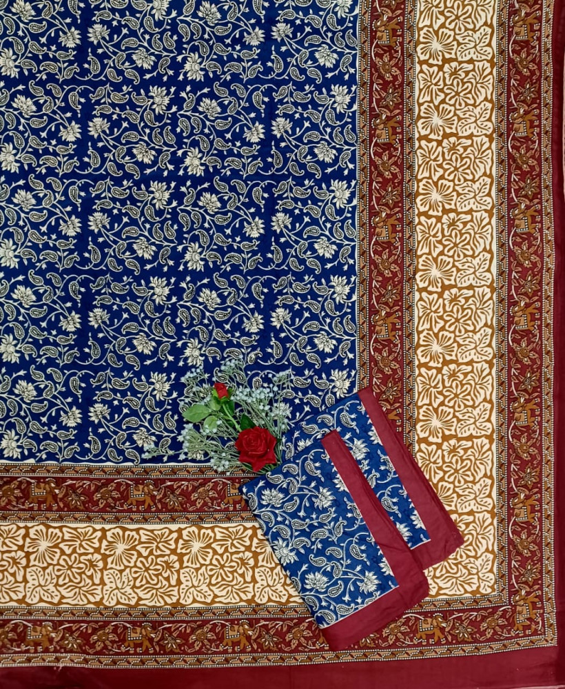 Image of Kalamkari Print Double Bedsheet – Pure Cotton | Royal Blue, Mustard Yellow, Maroon Floral Vines