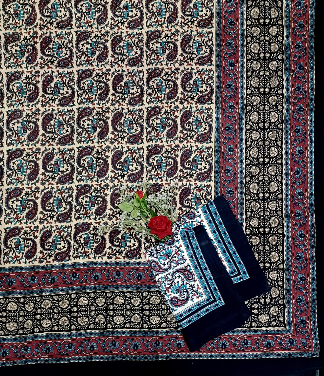 Kalamkari Print Double Bedsheet  Pure Cotton  Ivory Base Teal Blue Maroon Paisley Motifs