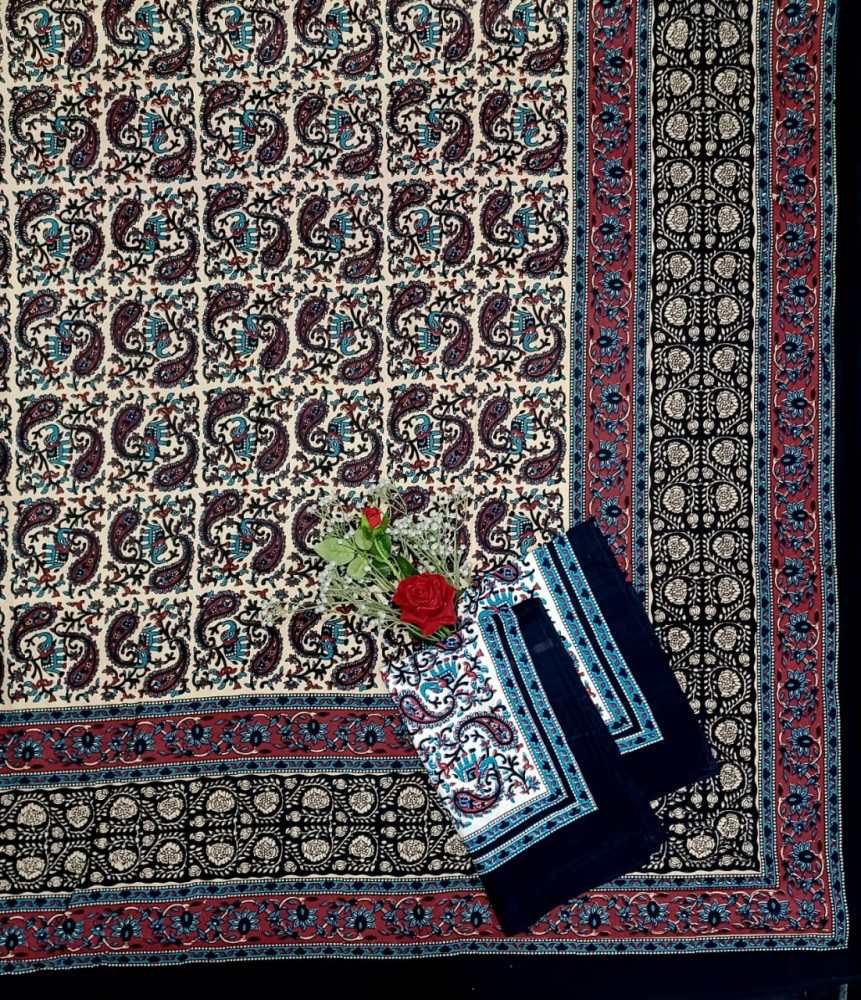 Image of Kalamkari Print Double Bedsheet – Pure Cotton | Ivory Base, Teal Blue, Maroon Paisley Motifs