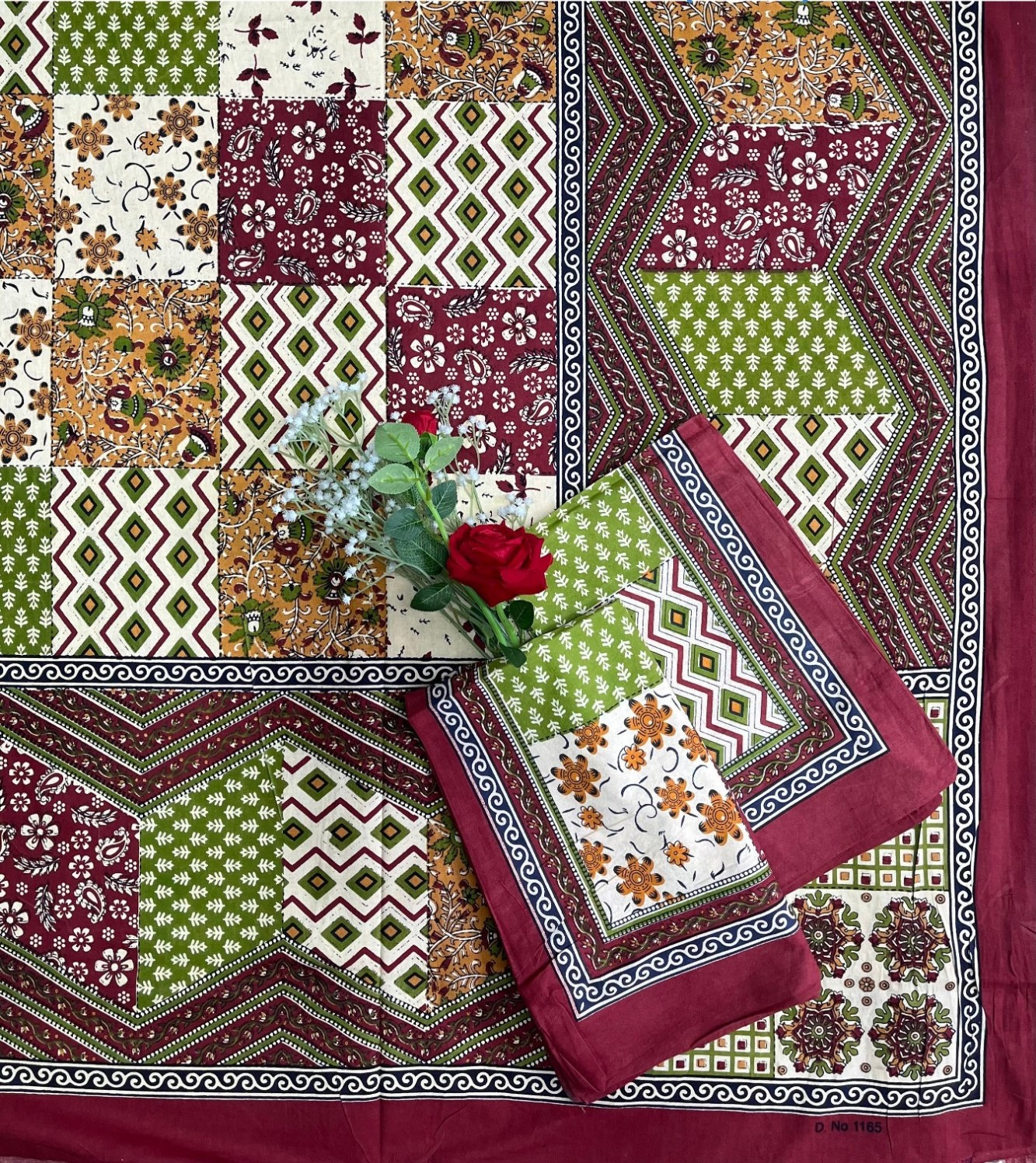 Kalamkari Print Double Bedsheet  Pure Cotton  Maroon Olive Green Mustard Ethnic Motifs