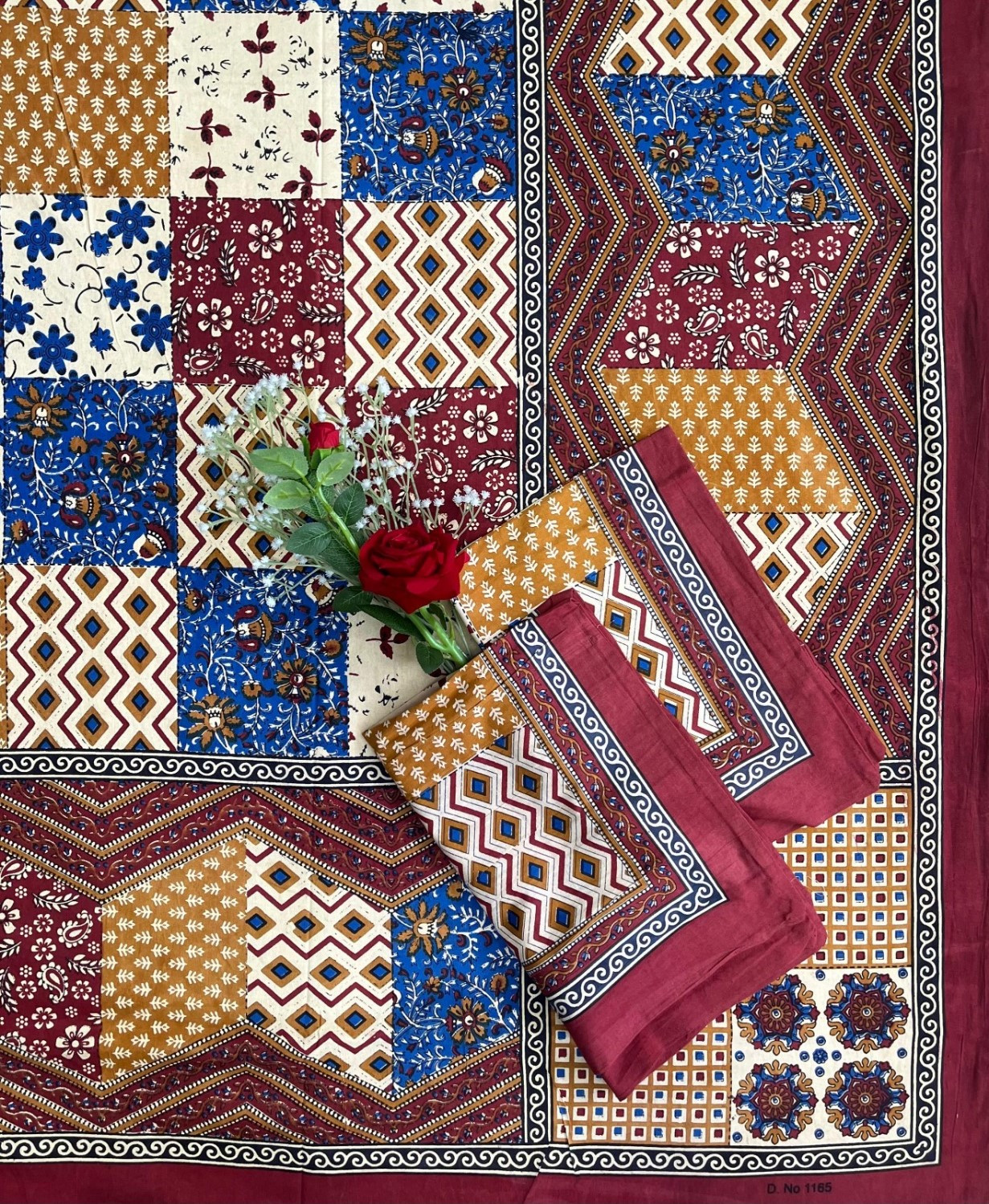 Kalamkari Print Double Bedsheet  Pure Cotton  Maroon Mustard  Royal Blue Ethnic Motifs