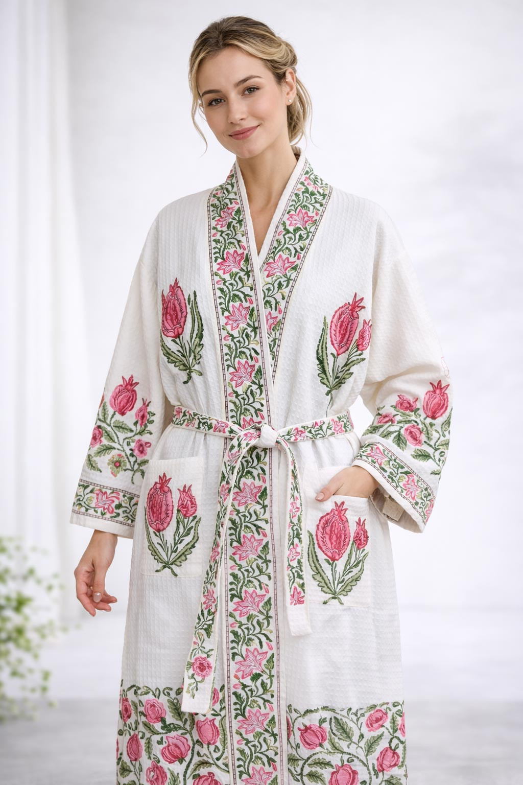 Sameera Floral Hand Block Print Bathrobe in Waffle Cotton with Tie Belt