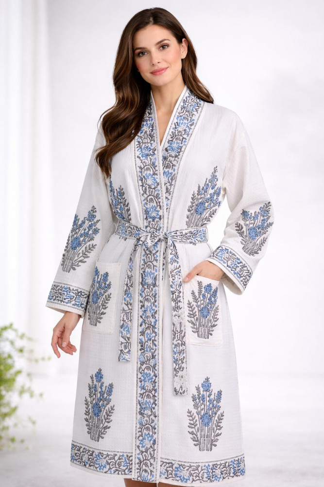 Image of Sameera Floral Hand Block Print Bathrobe in Waffle Cotton with Tie Belt