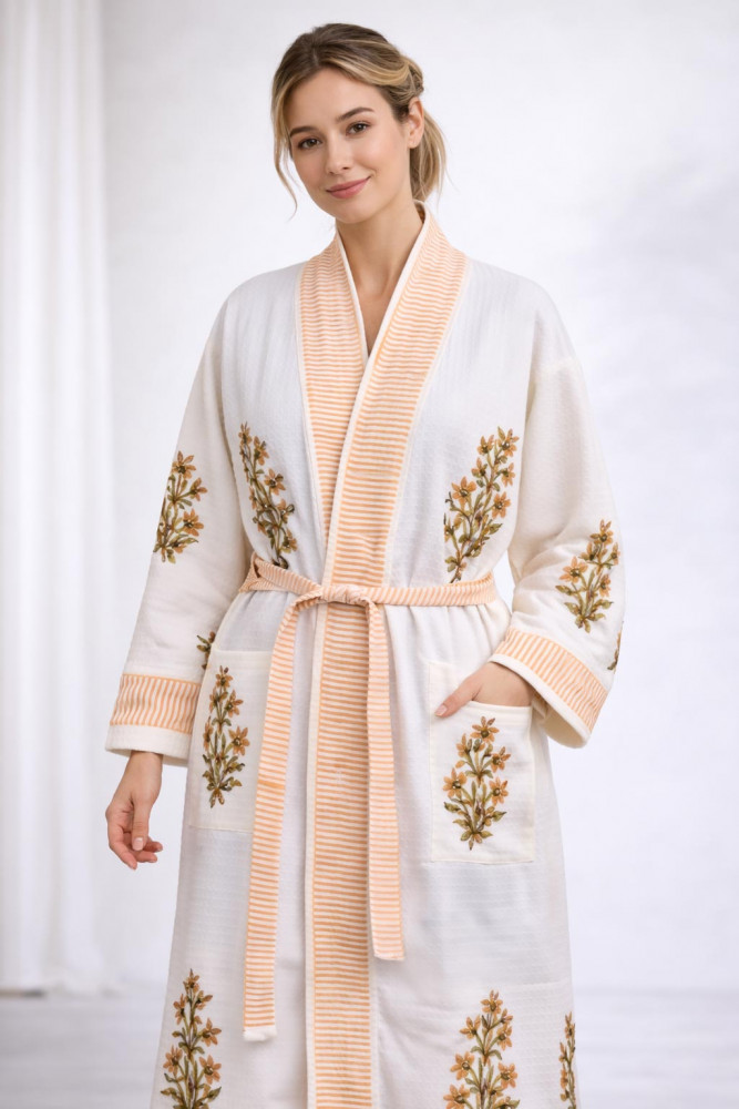 Image of Sameera Floral Hand Block Print Bathrobe in Waffle Cotton with Tie Belt