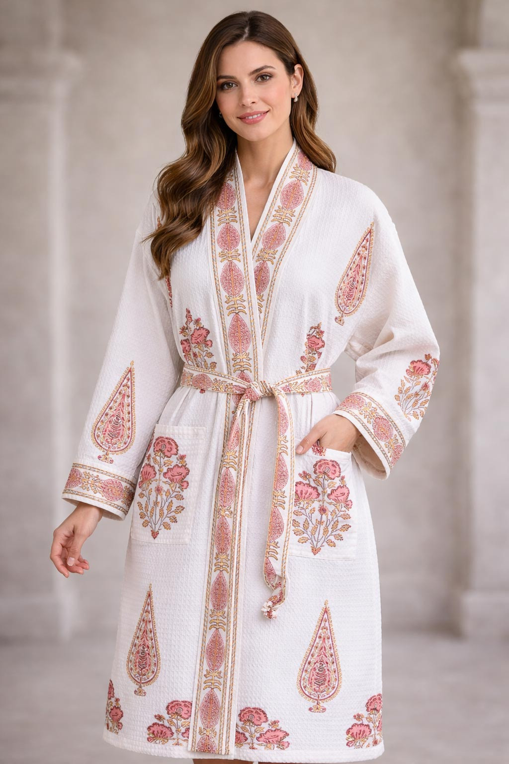 Sameera Floral Hand Block Print Bathrobe in Waffle Cotton with Tie Belt