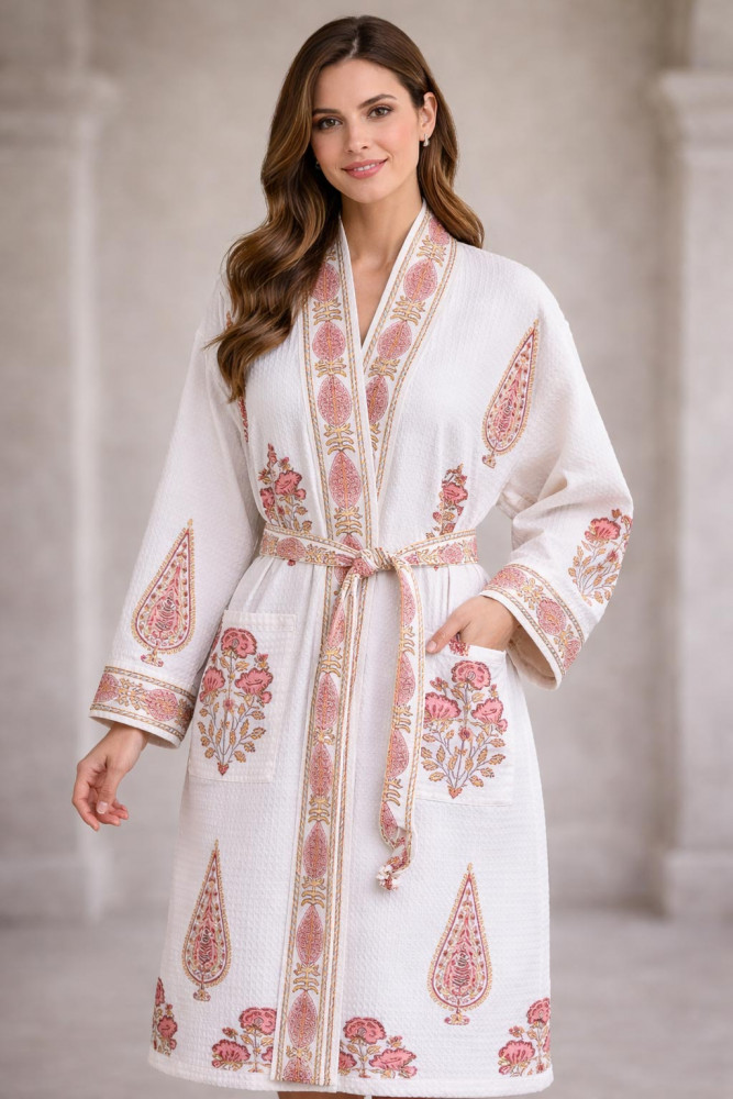 Image of Sameera Floral Hand Block Print Bathrobe in Waffle Cotton with Tie Belt