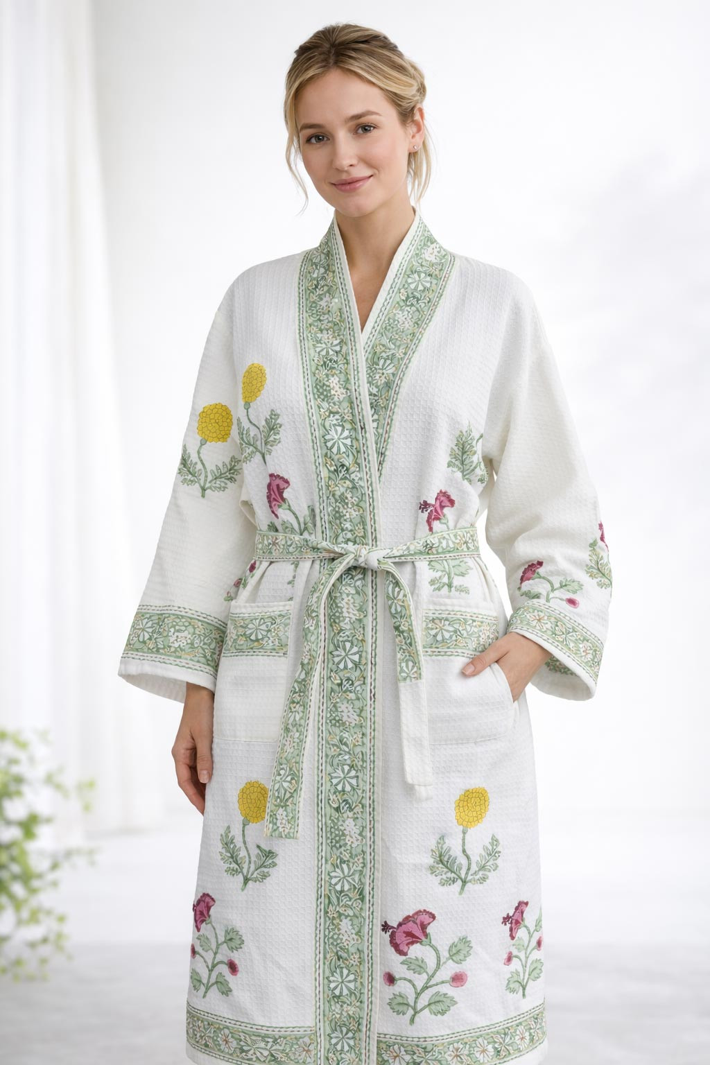 Sameera Floral Hand Block Print Bathrobe in Waffle Cotton with Tie Belt