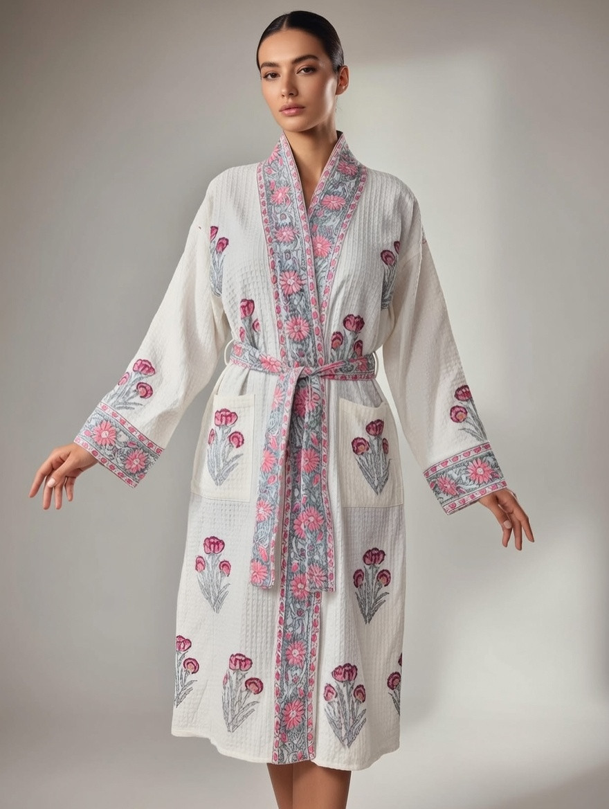 Sameera Floral Hand Block Print Bathrobe in Waffle Cotton with Tie Belt