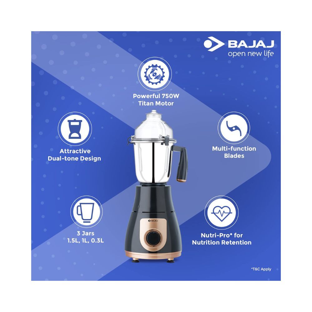 Bajaj GX3701 750W Mixer Grinder with 3 Jars, Black