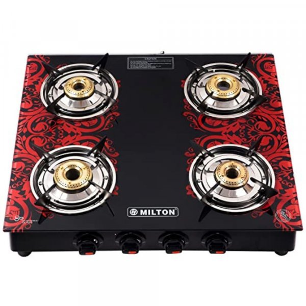 MILTON Premium 4 Burner Red Manual Ignition LPG Glass Top Gas Stove,