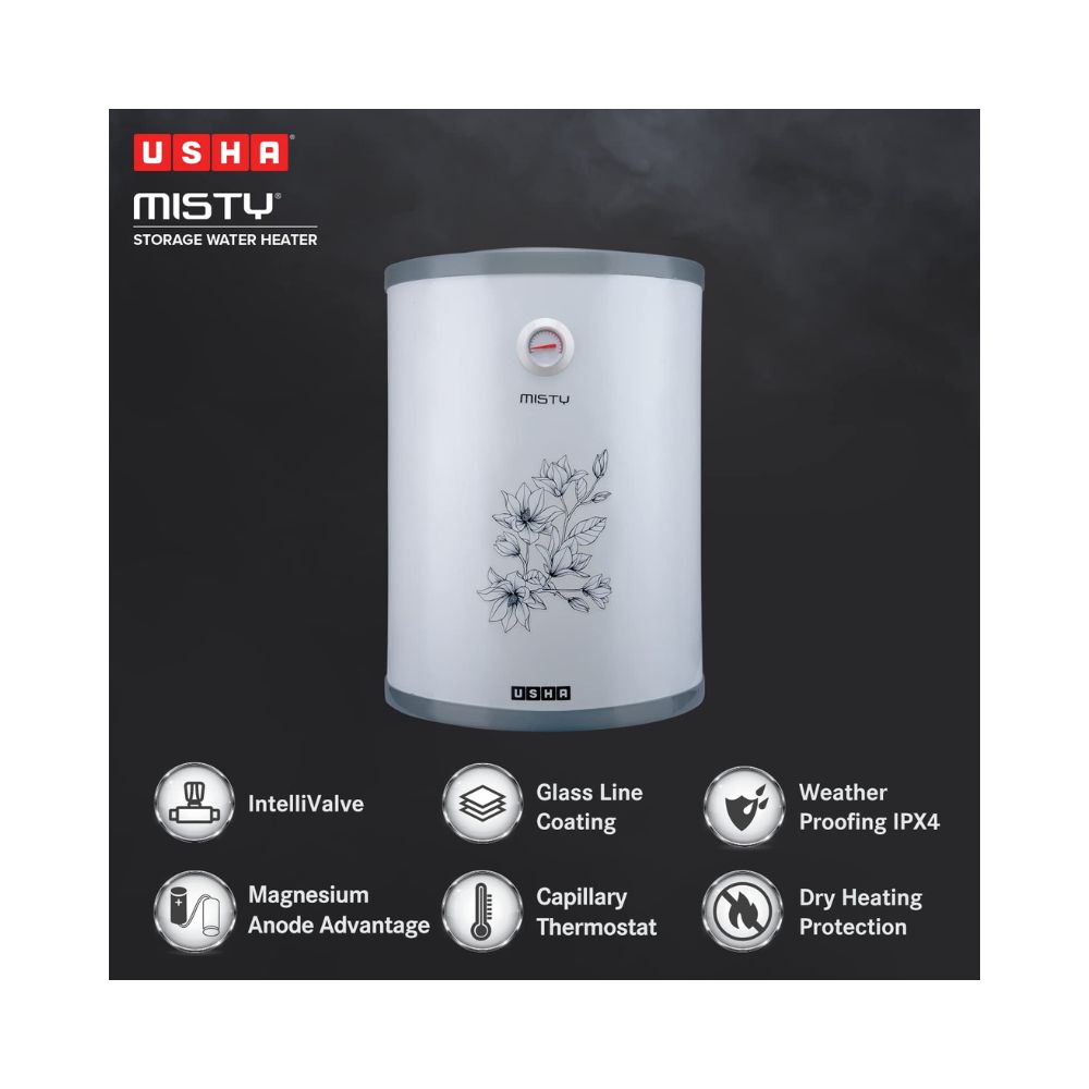 Usha Misty 25 Ltr 2000Watt 5 Star Storage Water Heater (Grey Magnolia)