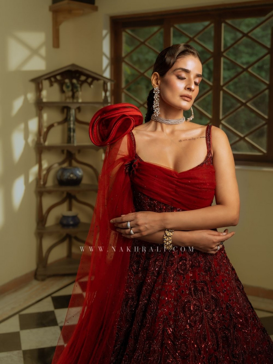 Designer red and black party wear saree for women