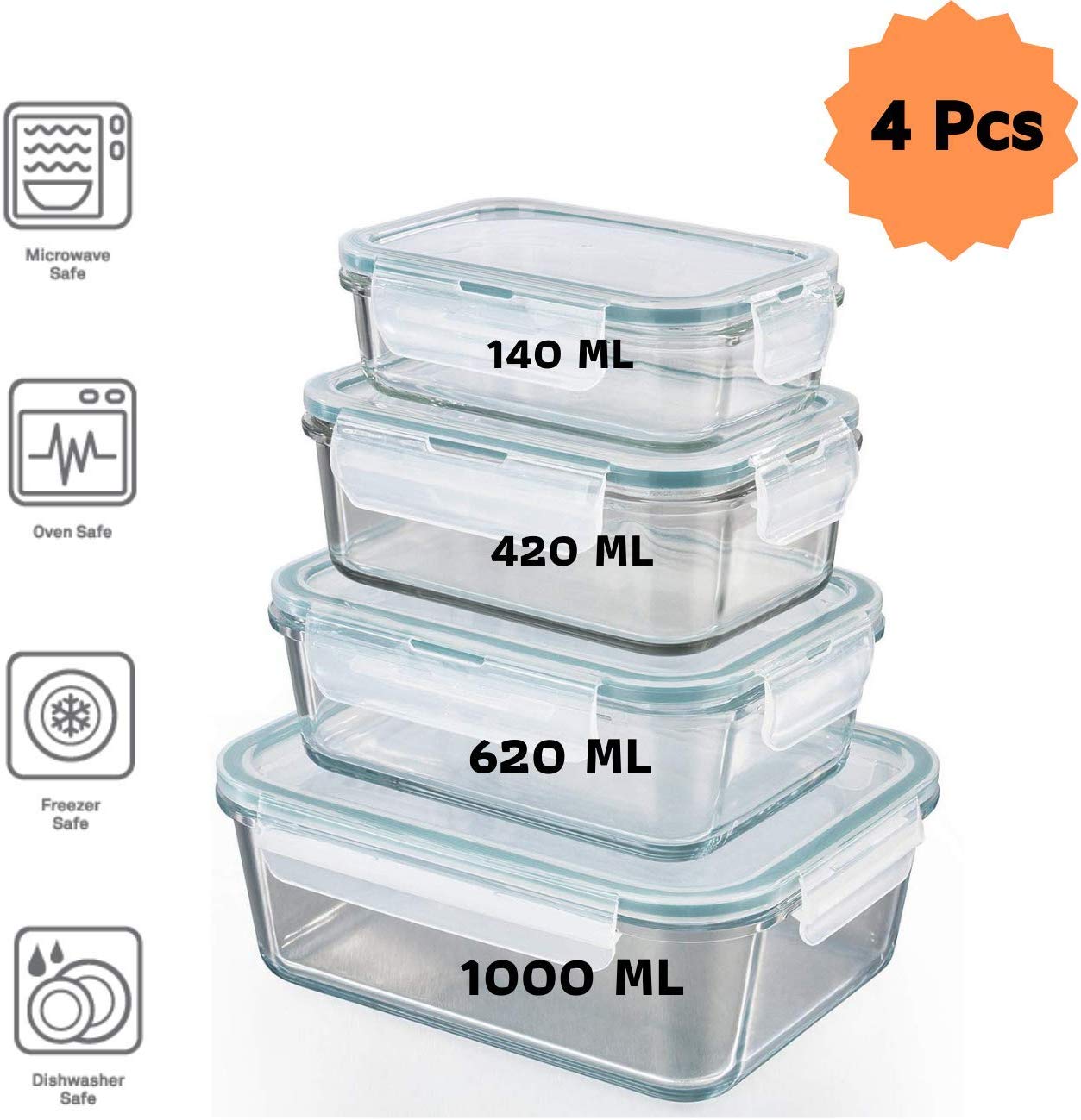 Femora Borosilicate Rectangular Glass Food Storage Container Set of 4
