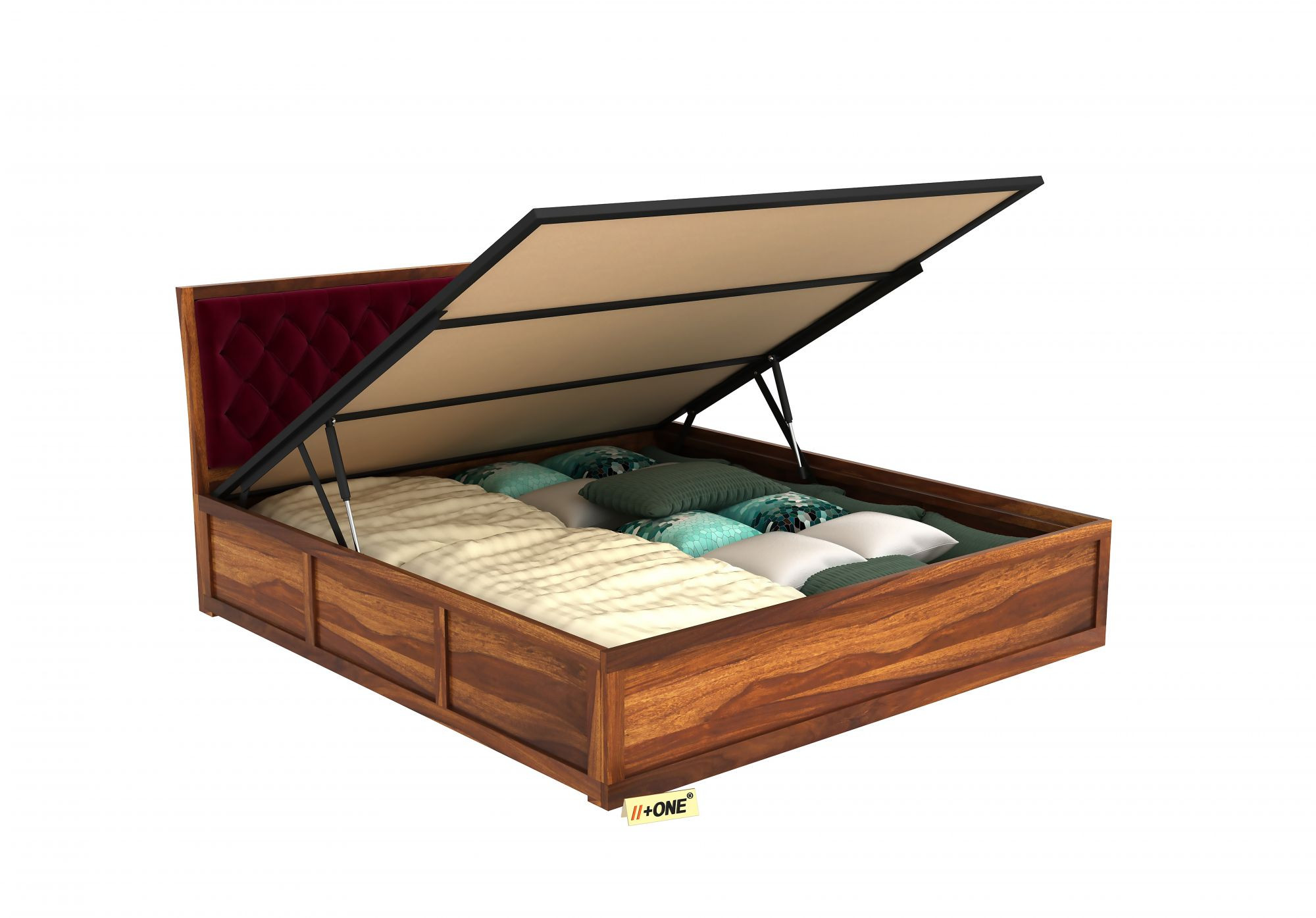 Aria Cushioned Pomegranate Bed With Hydraulic Storage King Size Teak Finish
