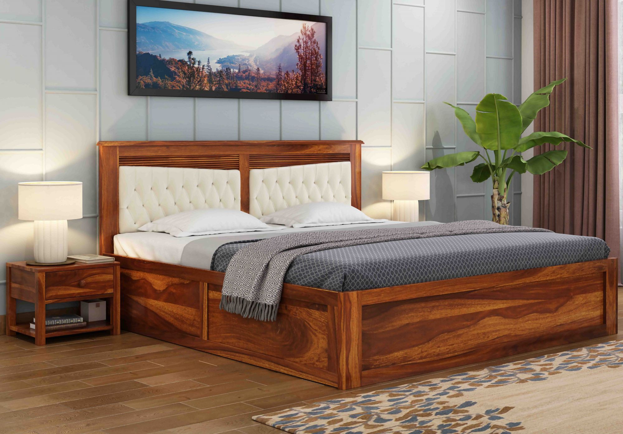 Spanish Sheesham Wood Bed With Box Storage King Size Teak Finish