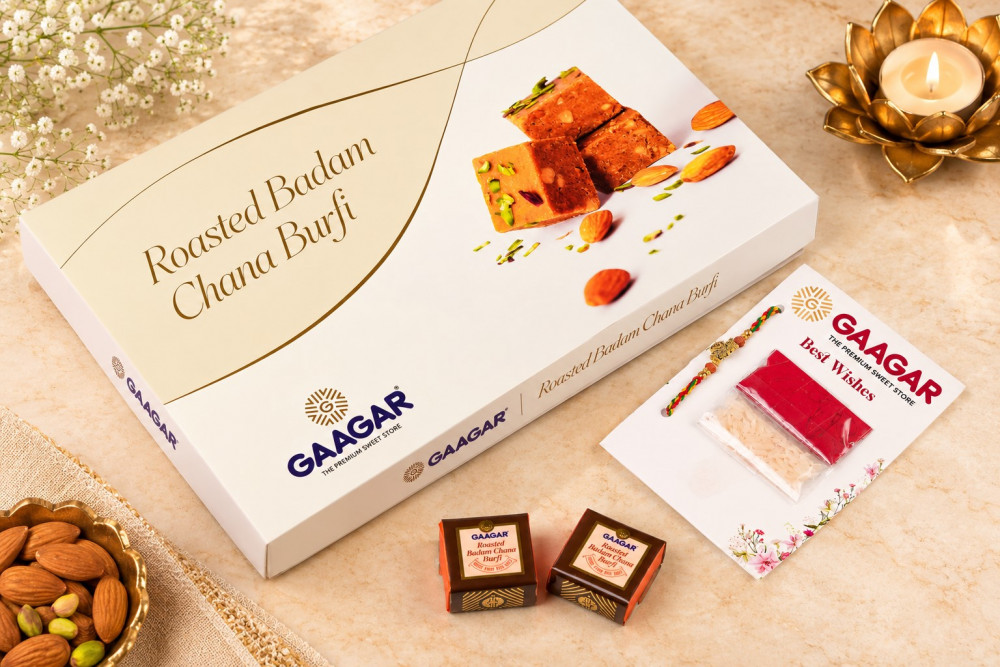 Image of Roasted Badam Chana Burfi 12 pcs box + Rakhi