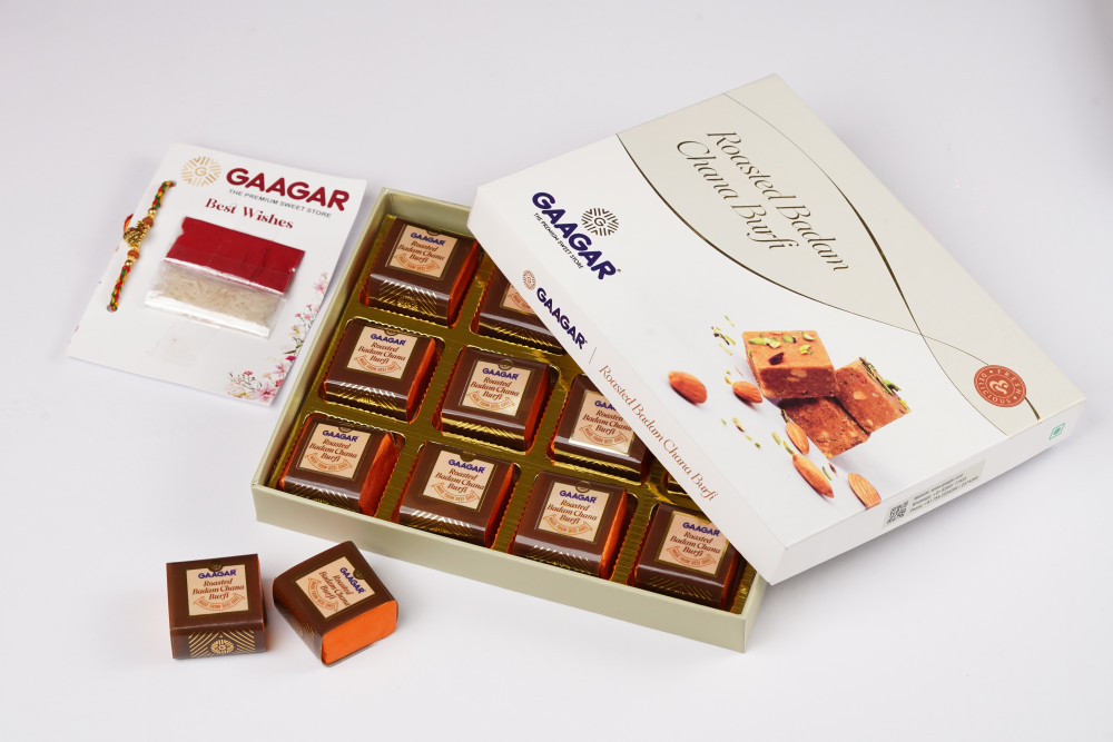 Image of Roasted Badam Chana Burfi 12 pcs box + Rakhi