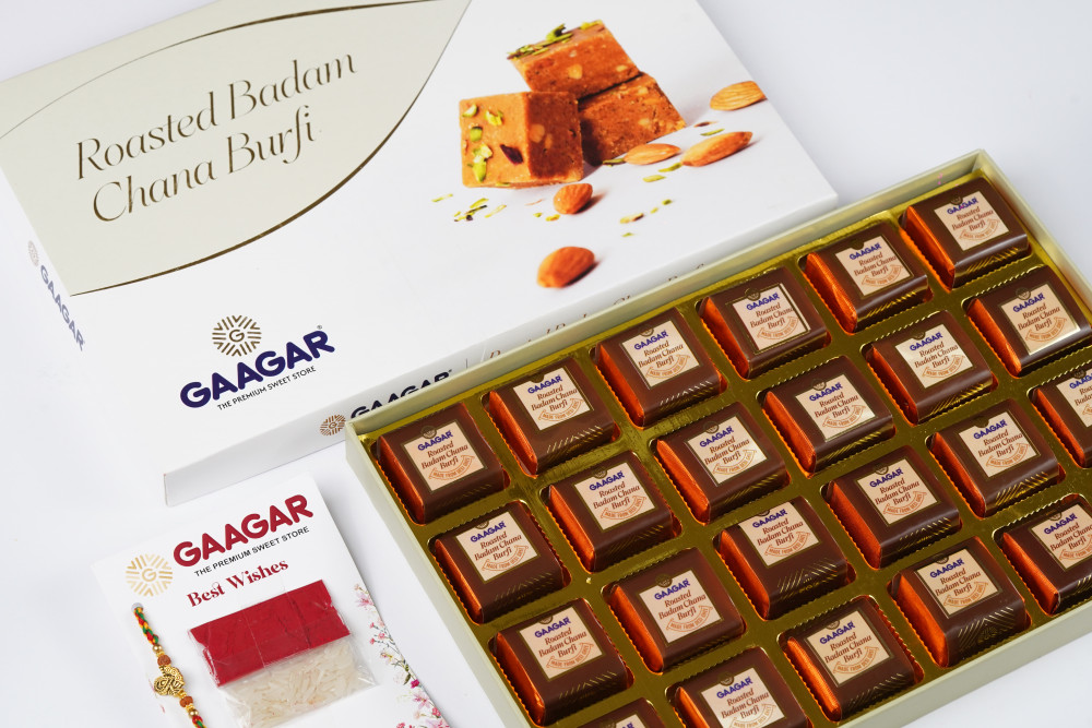 Image of Roasted Badam Chana Burfi 24 pcs box + Rakhi