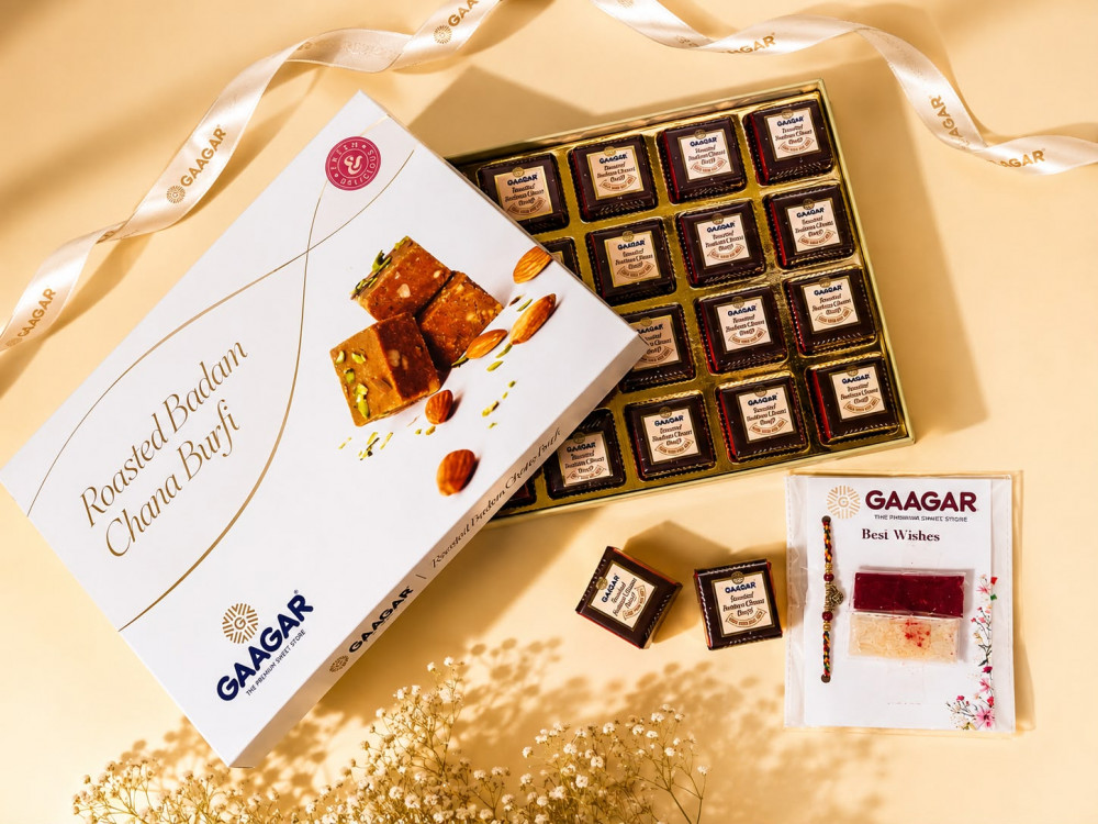 Image of Roasted Badam Chana Burfi 24 pcs box + Rakhi