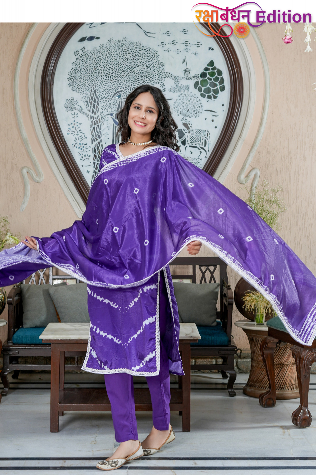 PURPLE LEHERIYA EMBELLISHED KURTA SET