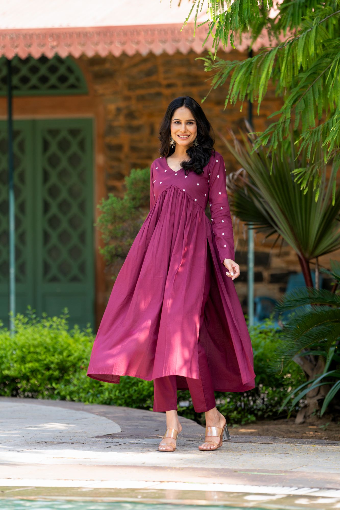 WINE EMBROIDERY KURTA SET