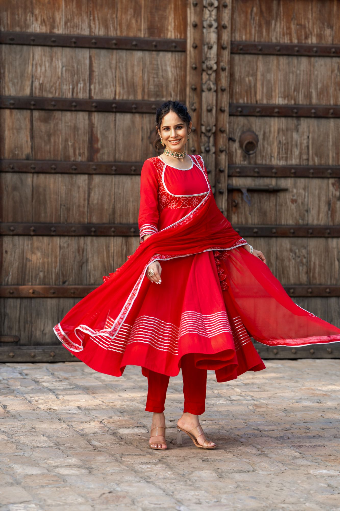 RADIANT RED BANDHANI ANARKALI SET