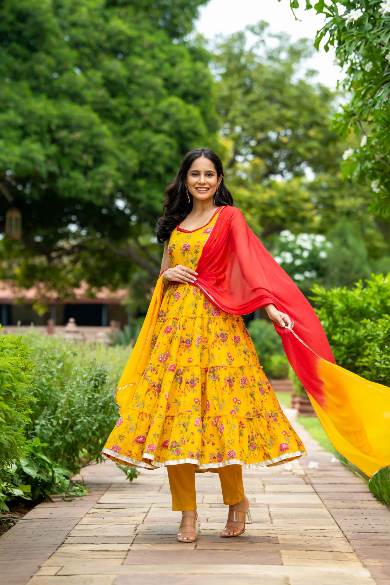 MUSTARD MIRROR BLOSSOM ANARKALI SET